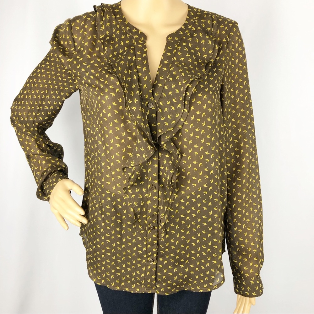 Ann Taylor LOFT Brown Printed Ruffle Blouse Small